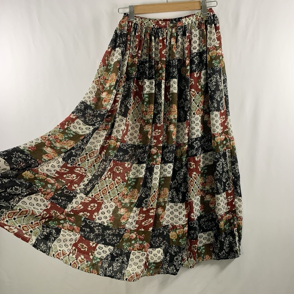 VTG Boho Western Patchwork Print Sheer Chiffon Maxi Skirt Sz Small Cottage Folk